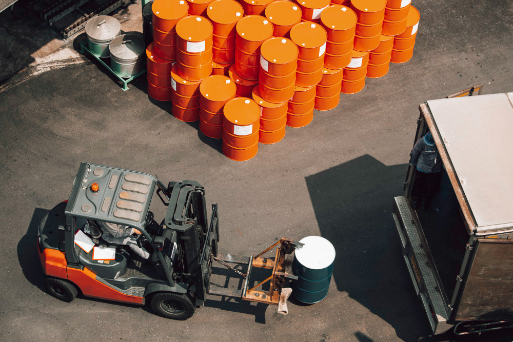 top-view-oil-barrels-forklift-truck-move-transportation-truck